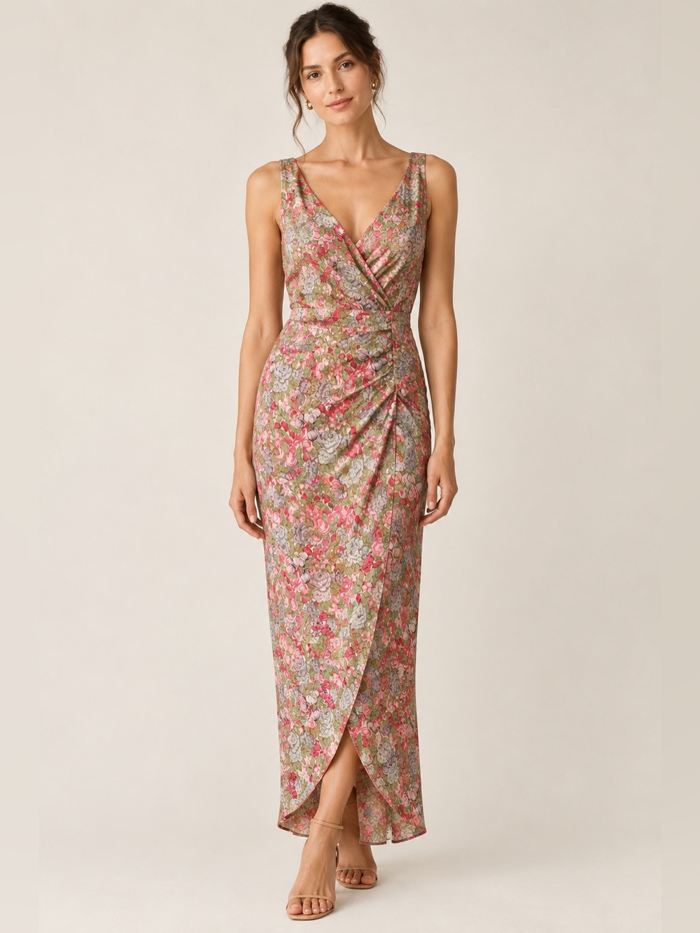 Tova Celine Silk Floral Pink Olive Faux Wrap Maxi Dress size Small